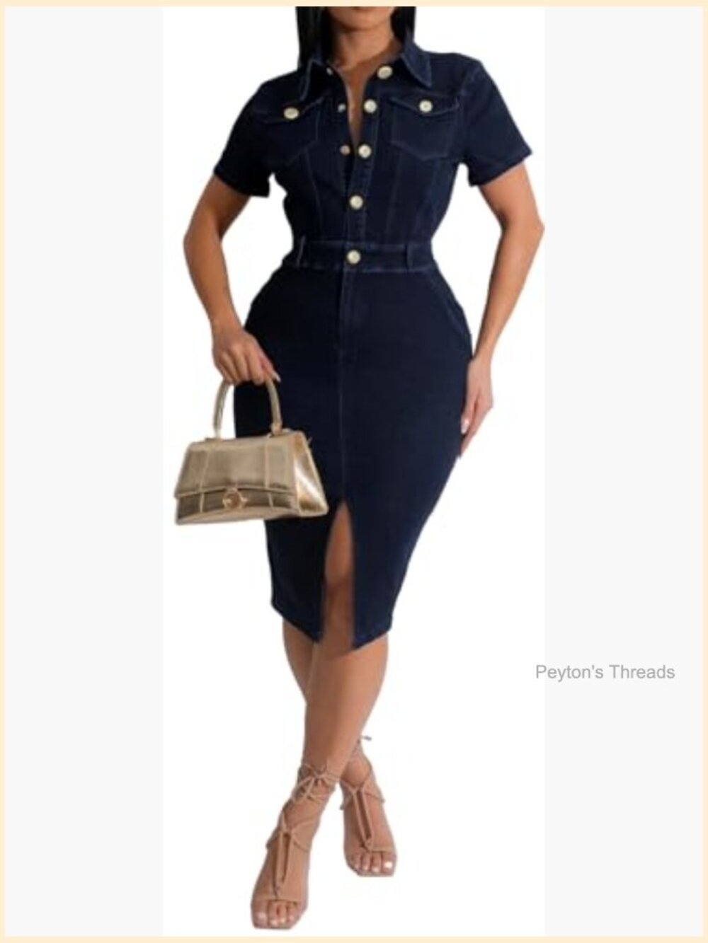 Bodycon Denim Dress with Zipper Short Sleeve V-Neck Midi Club Night Party Dress - Picture 2 of 4